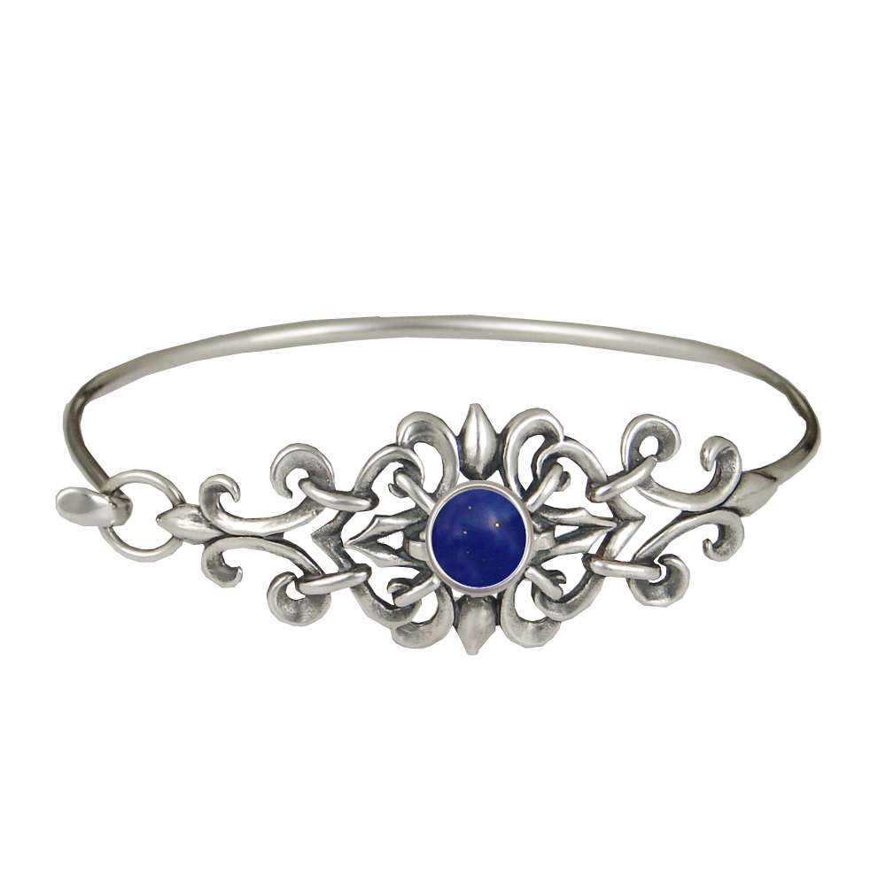 Sterling Silver Filigree Strap Latch Spring Hook Bangle Bracelet With Lapis Lazuli